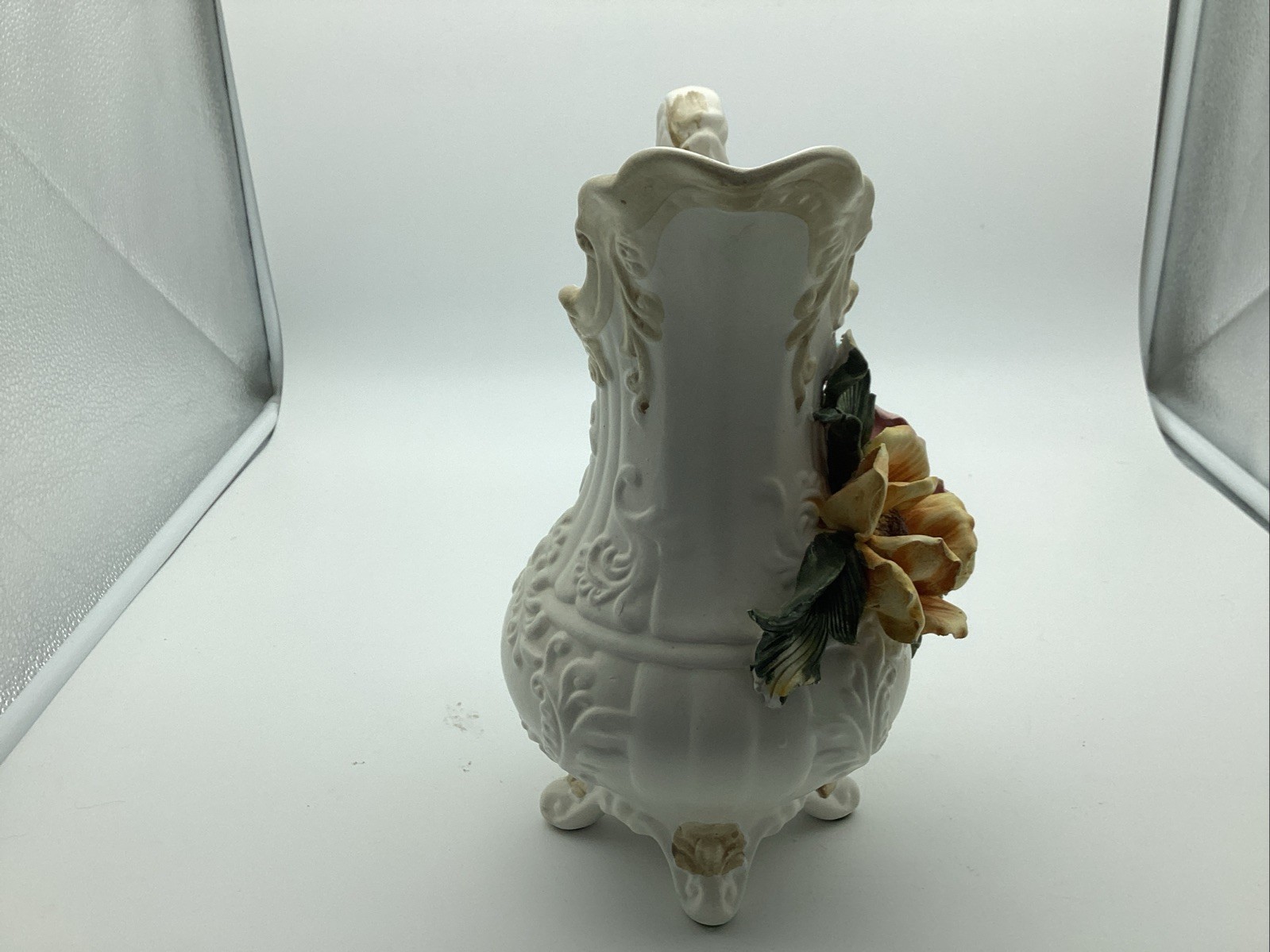 Vintage Capodimonte Italy Porcelain Floral Pitcher 10” Applied Flowers Crown N