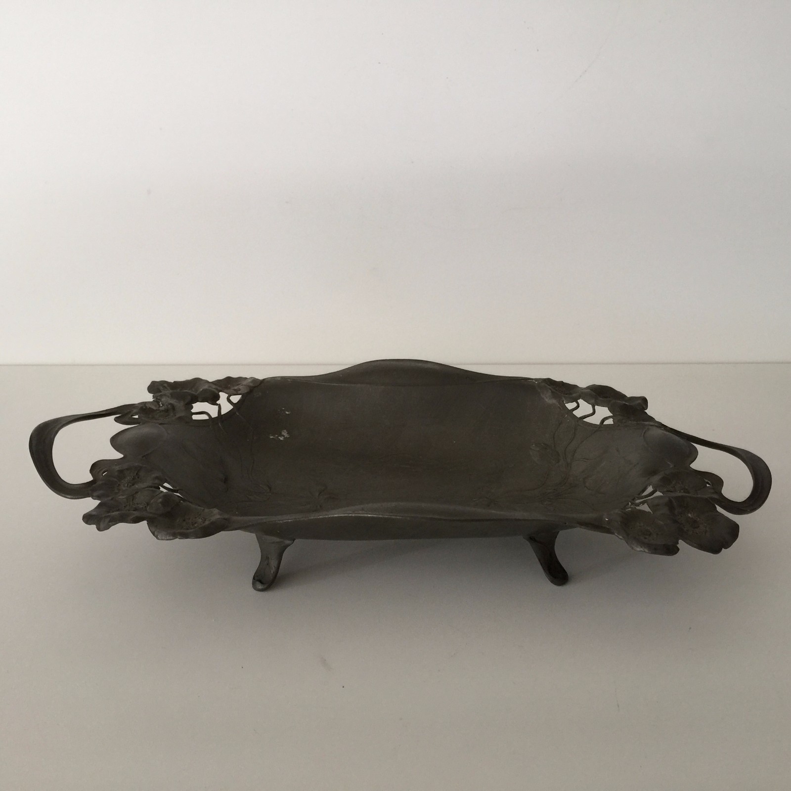 Rare Antique Juventa Prima Metal Pewter Art Nouveau Lotus Flower Dish w/Handles