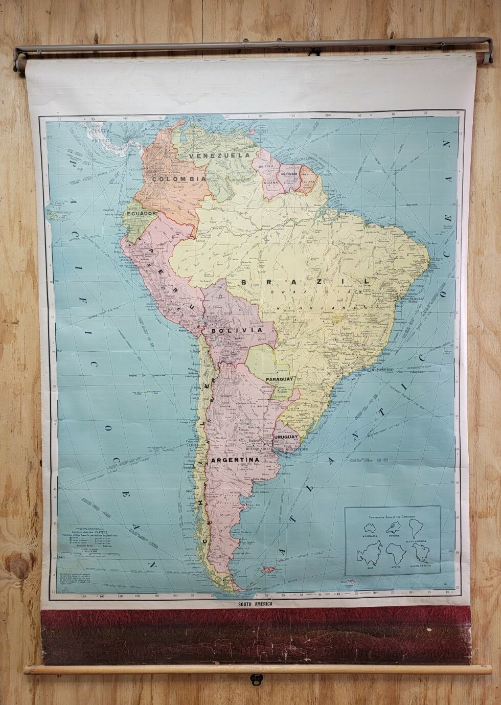 Vintage Cram’s South America Map Pull Down Roll Up 40″ x 56″