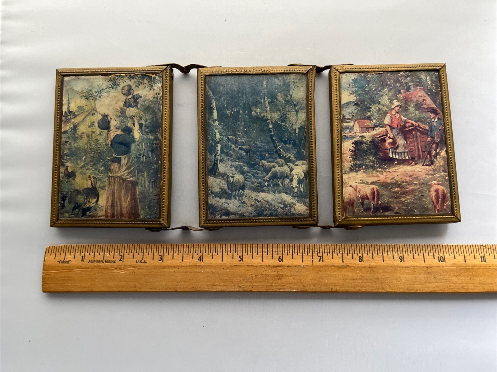 Antique Tri-fold Mirror Triptych Village Scenes Gold Frame 3.25”x4.25” Closed