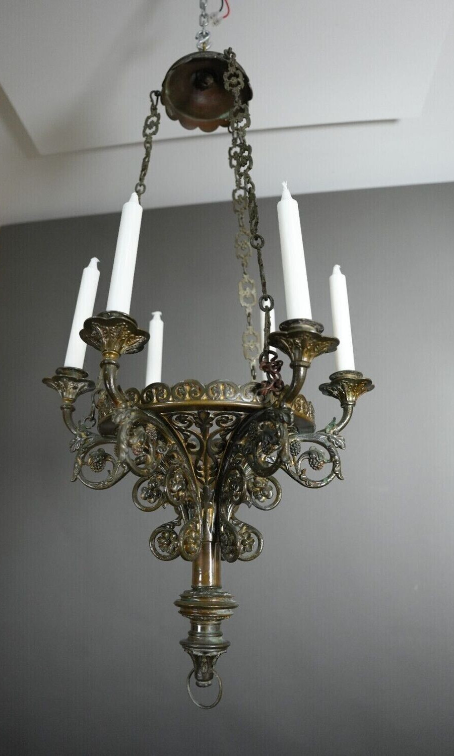 Antique Gothic Revival Church Candelabra Chandelier -Ornate Bronze – 6 Candles