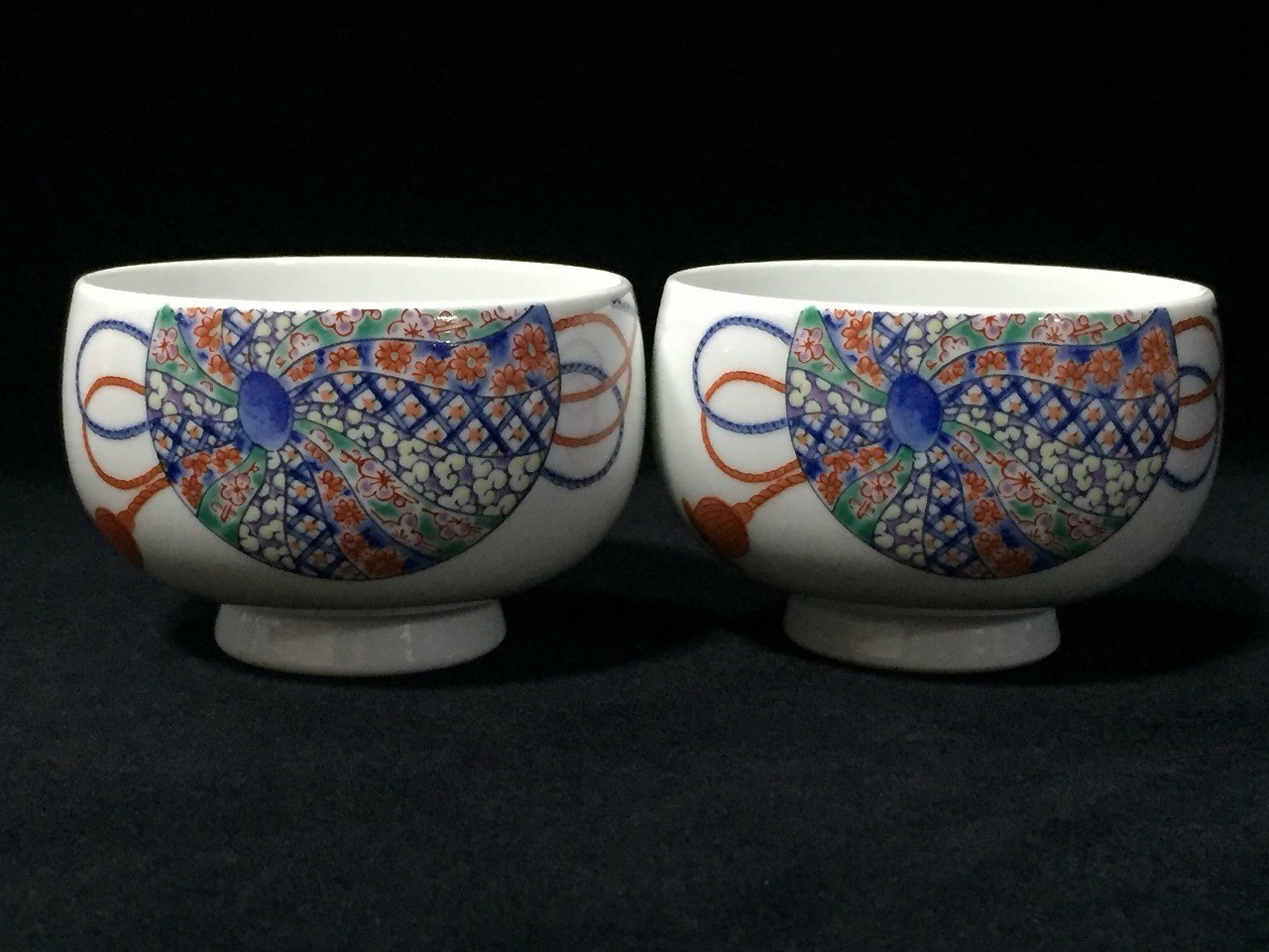 O1705 Vintage Japanese Tea Cup 2pc Temari Ball Pattern Porcelain Yunomi Ceramic