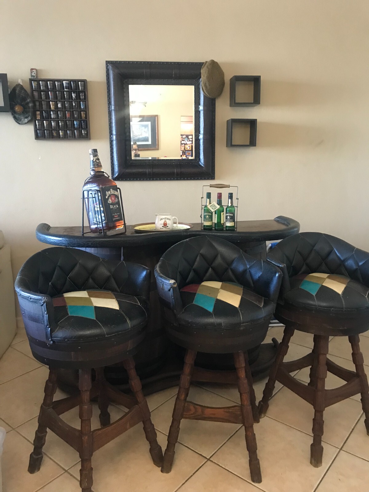 50 years Whiskey Barrel Bar and 3 Vintage Hight Top Bar Stools and Mirror