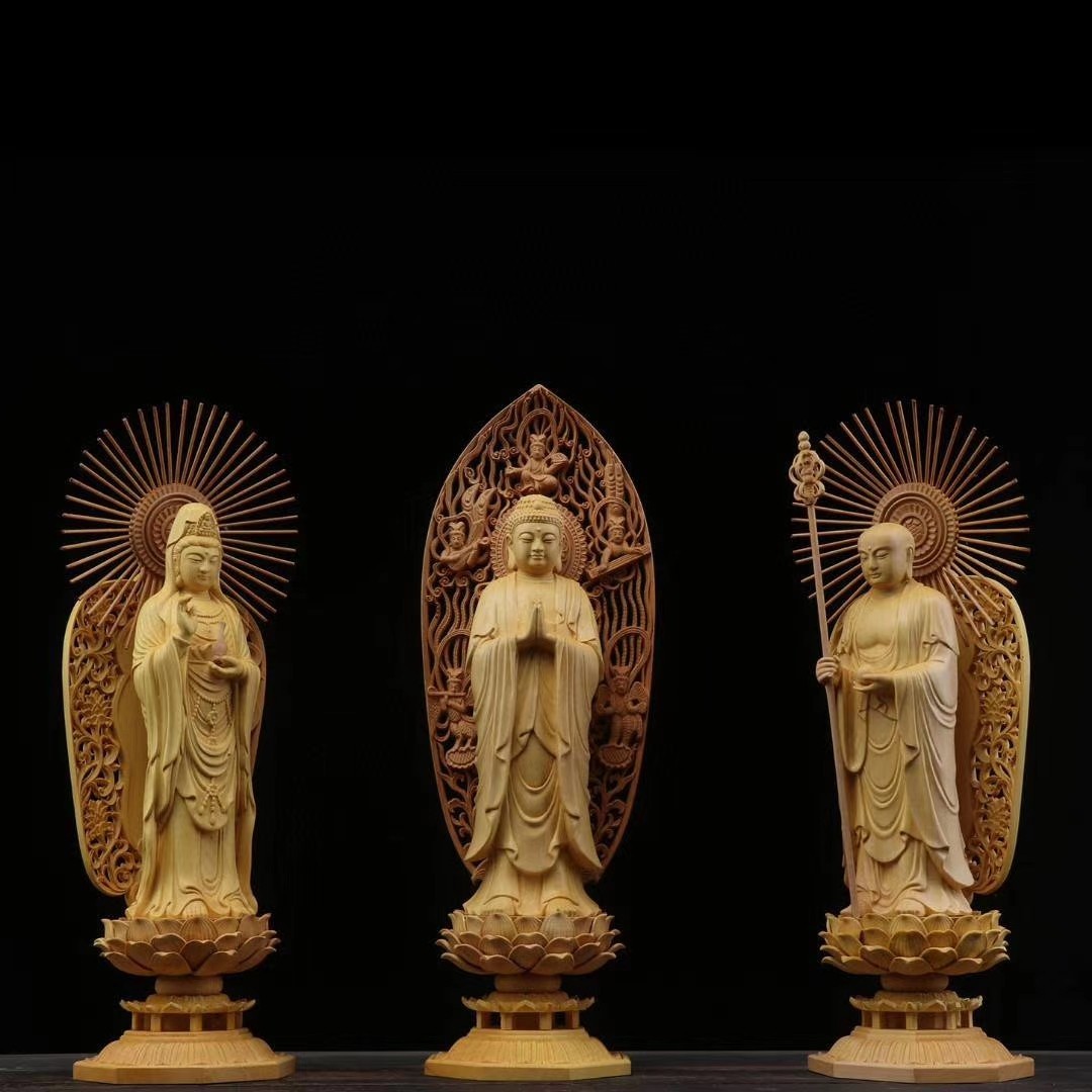 1Set 3Pcs Chinese Boxwood Carving Ru-lai Guan-yin Di-zangwang Buddhism statue
