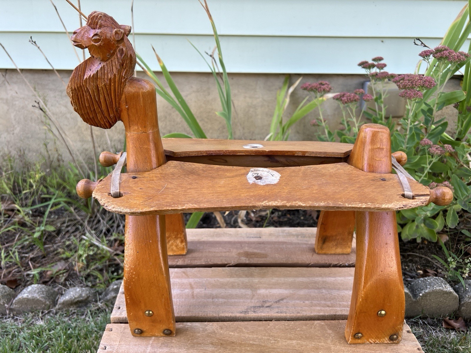 Vintage Turkish Hand-Carved Camel Saddle Stool Folk Art Original – Export Label