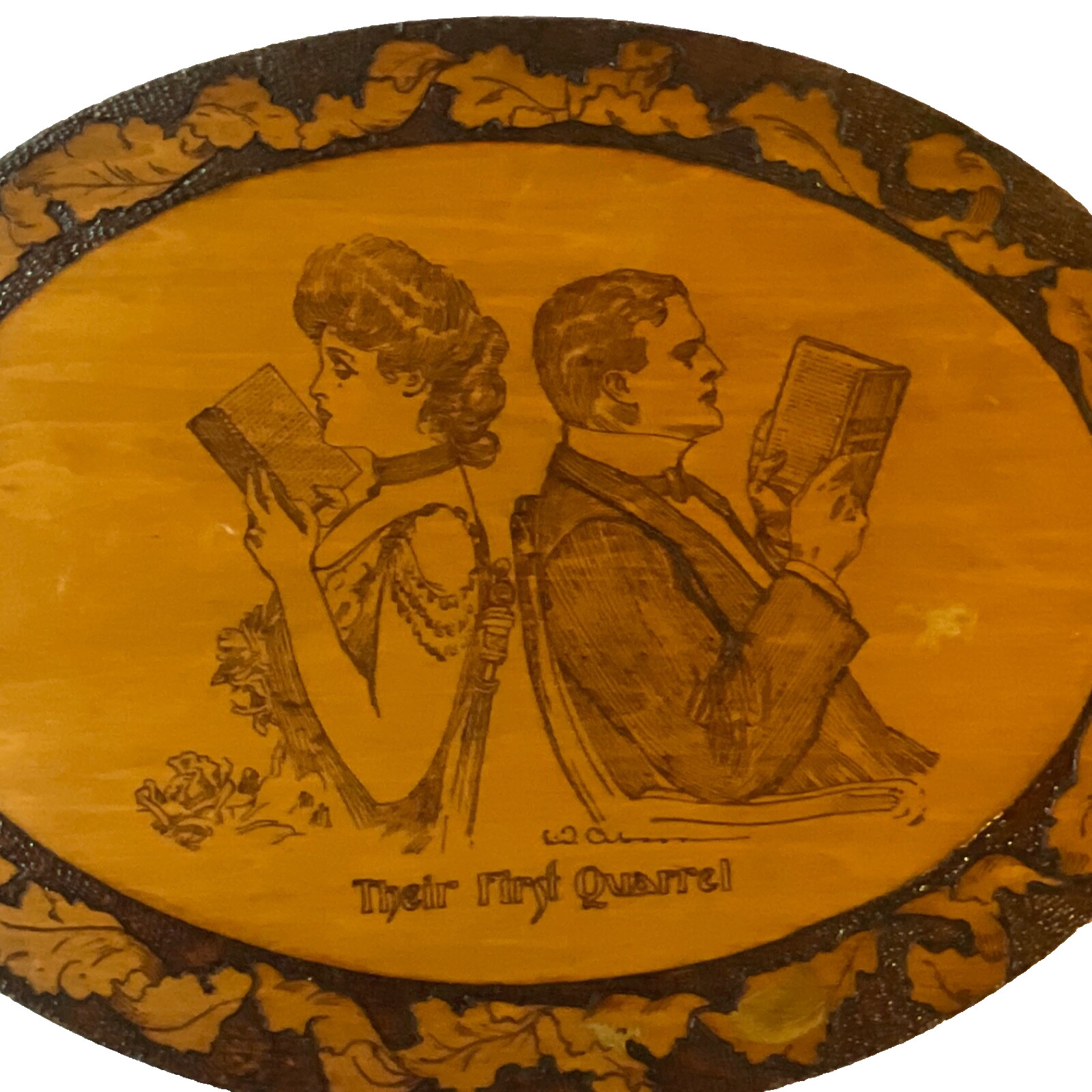 LARGE vintage PYROGRAPHY Flemish Art antique hand burned burnt wood Gibson girl