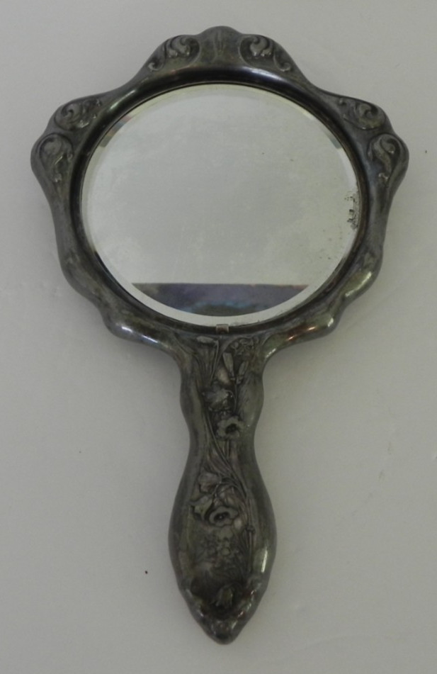 Antique Art Nouveau Hand Mirror Flowers and Heart 10.5″ x 6.5″