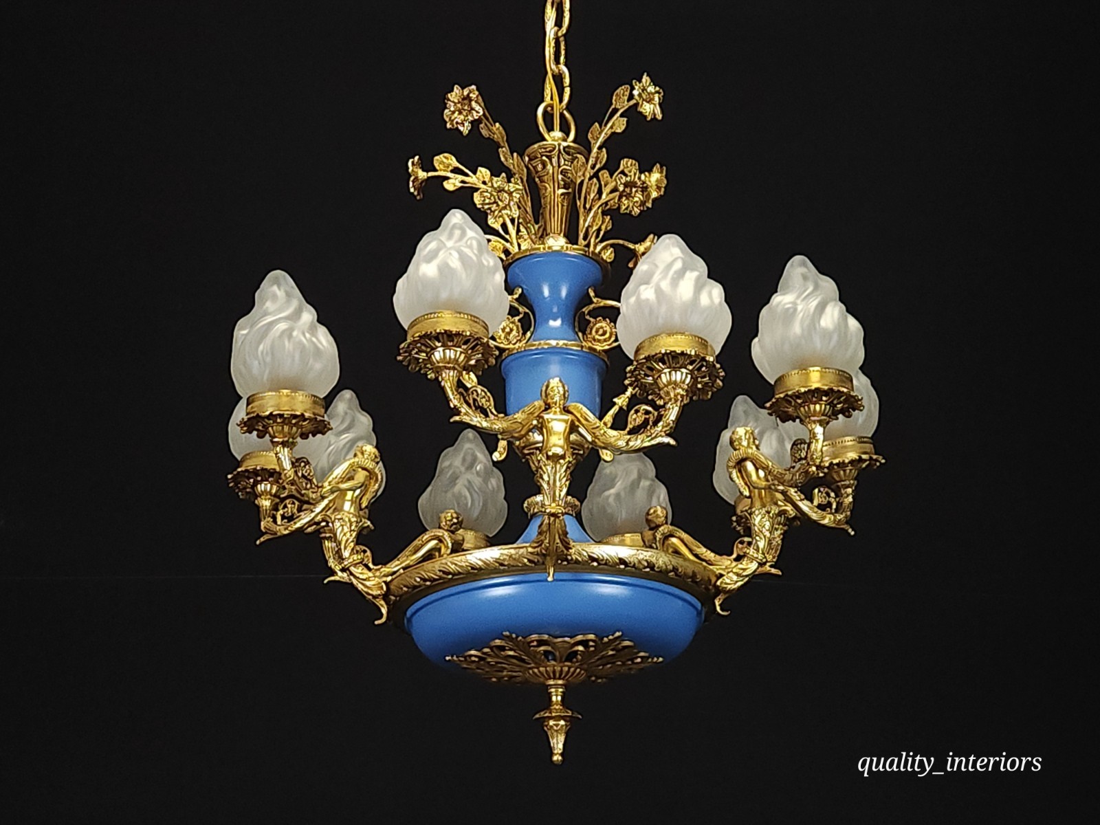 Antique Regency Regal Royal Blue Empire Cherubs Holding Torches Brass Chandelier