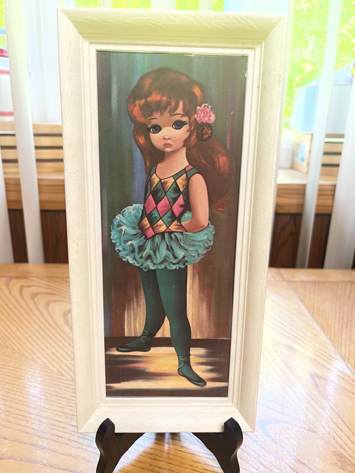 VINTAGE BIG EYE GIRL PICTURE WHITE PLASTIC FRAME MCM BALLERINA 1960’S RETRO ART
