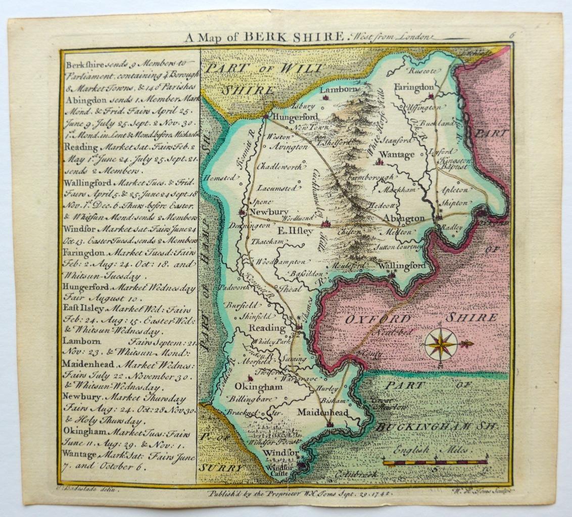 BERKSHIRE BY BADESLADE & TOMS c1742 ORIGINAL HAND COLOUR GENUINE ANTIQUE MAP
