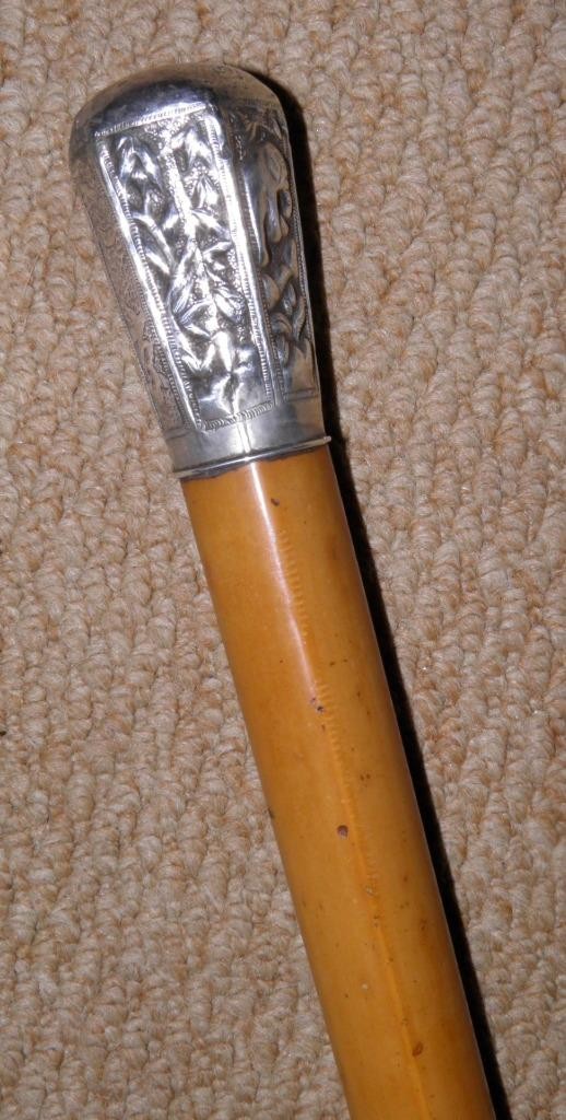 Antique Malacca Walking Stick / Cane – Hallmarked Burmese Repousse Silver Pommel