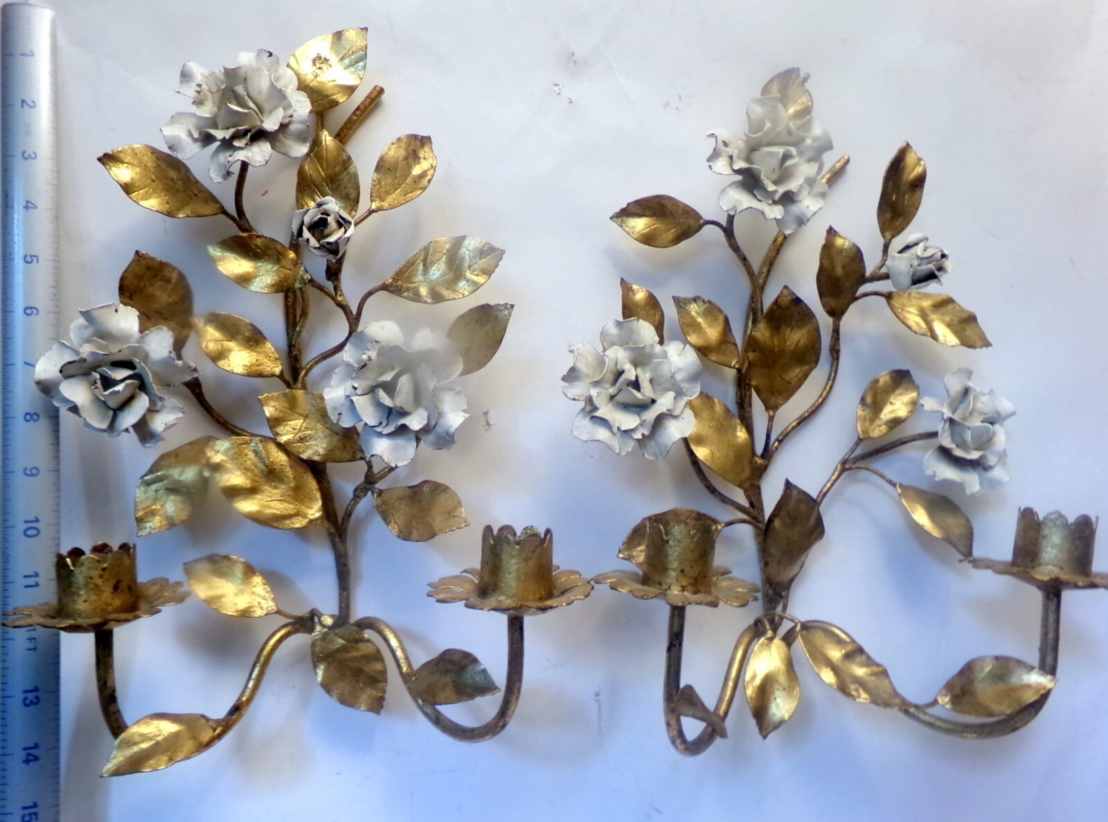 Vtg MCM Gilt TOLE Italian White FLORALS Wall ART SCONCES Rococo CANDLEHOLDERS