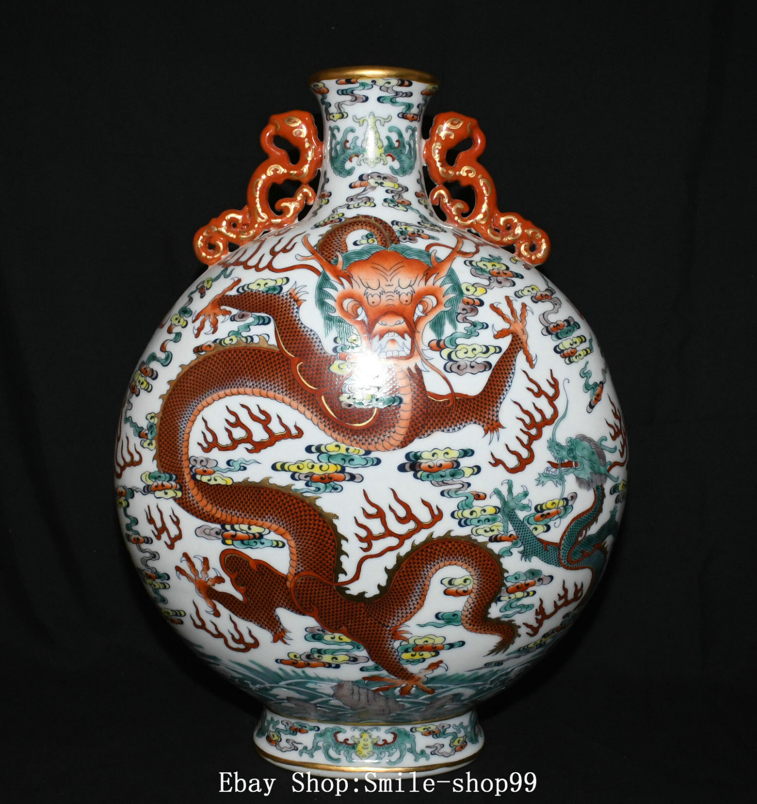 19.6″ Qianlong Wu Cai Porcelain Gilt Dragon Beast Animal Double Ears Bottle Vase