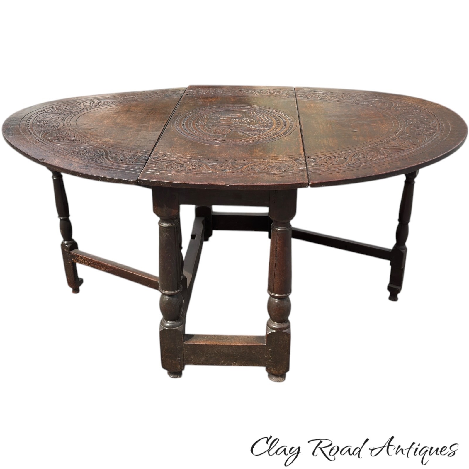 antique 18th Oak gate leg table stretcher base farm house William Mary pegged