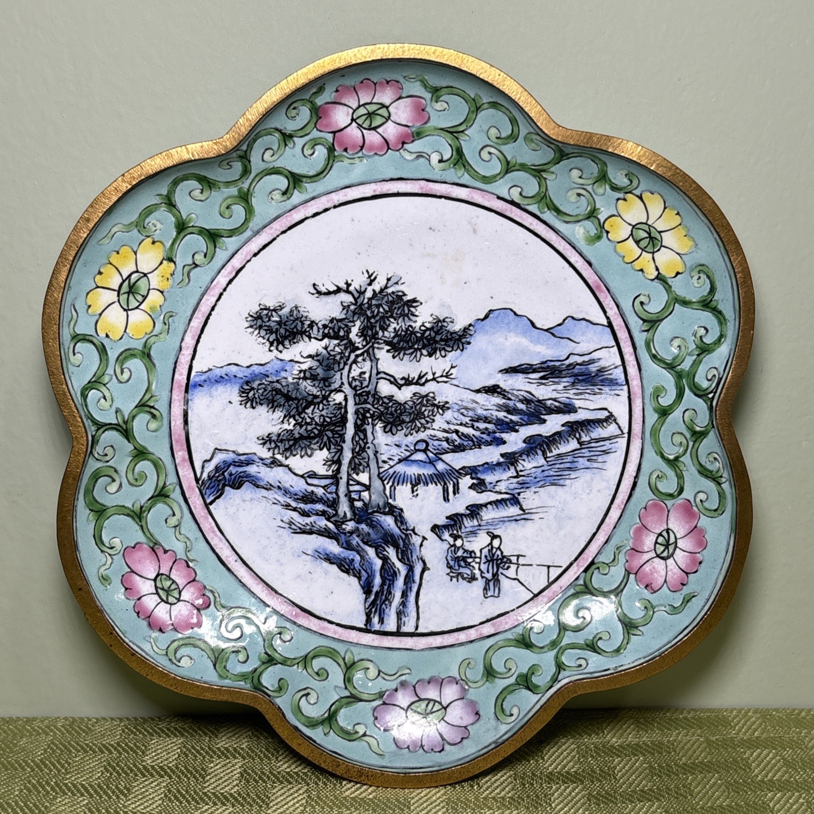 VTG Chinese Canton Floral Enamel on Copper Quatrefoil DISH Asia Art FLORAL 5”