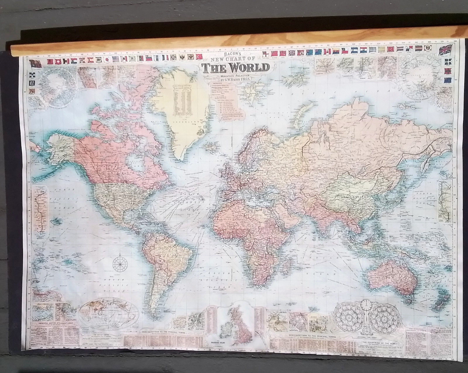 BACON’S New Chart of the WORLD 19x27in London c.1905