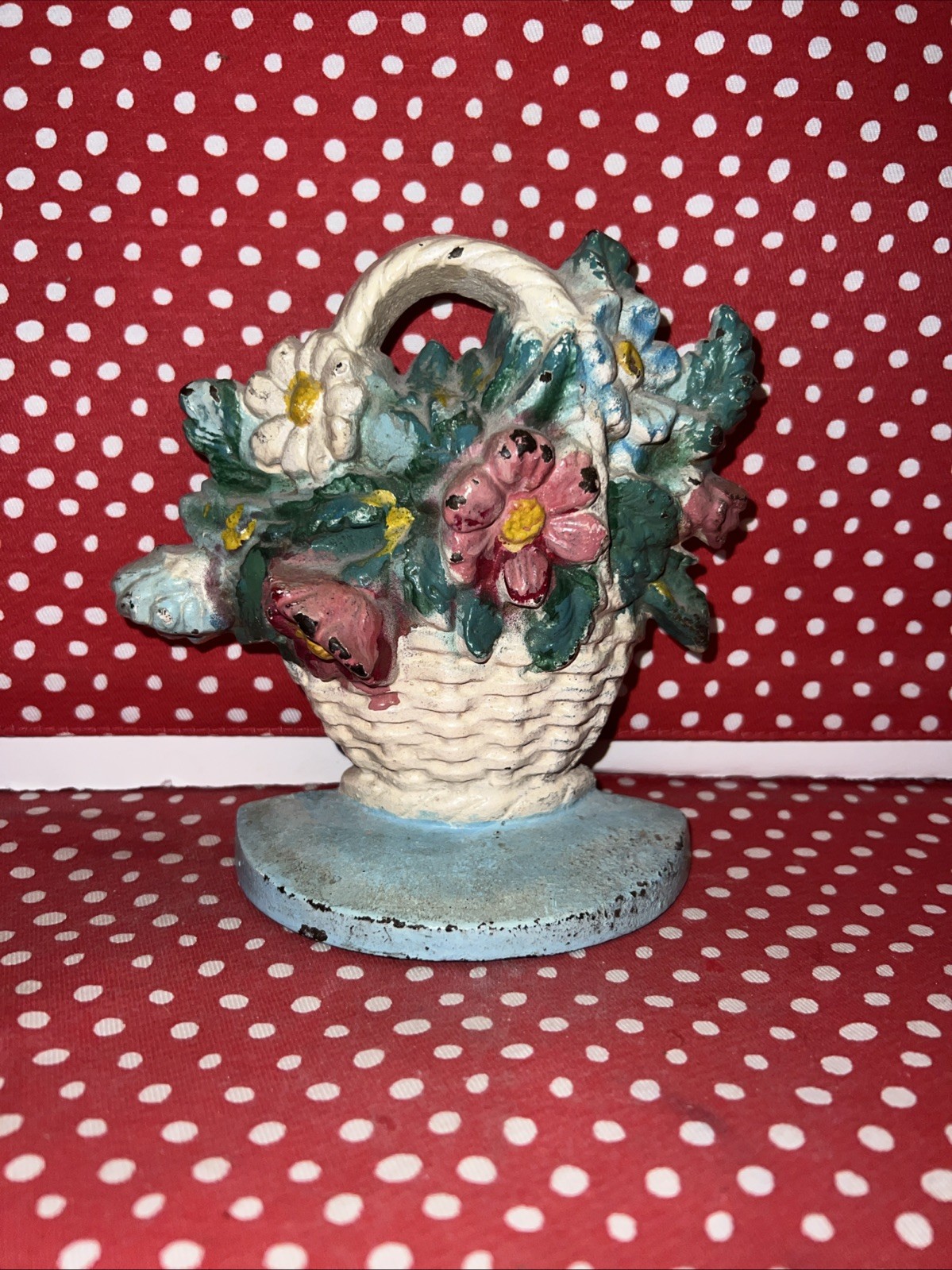 Cream Basketweave Basket Doorstop Flowing Flowers Red,Pink White, Blue & Green