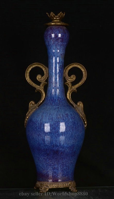 9.2″ Qing Kangxi Marked Copper Inlay Blue Glaze Porcelain 2 Ear Bottle Vase