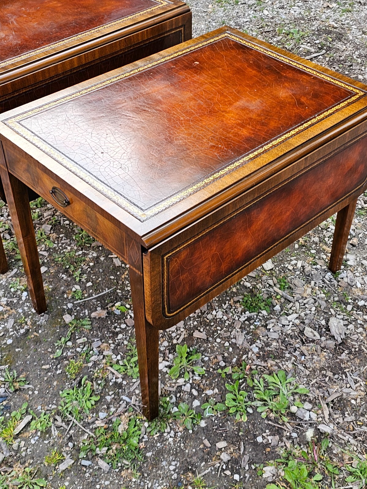 Antique Pembroke Double drop leaf leather top end table Pair by Weiman