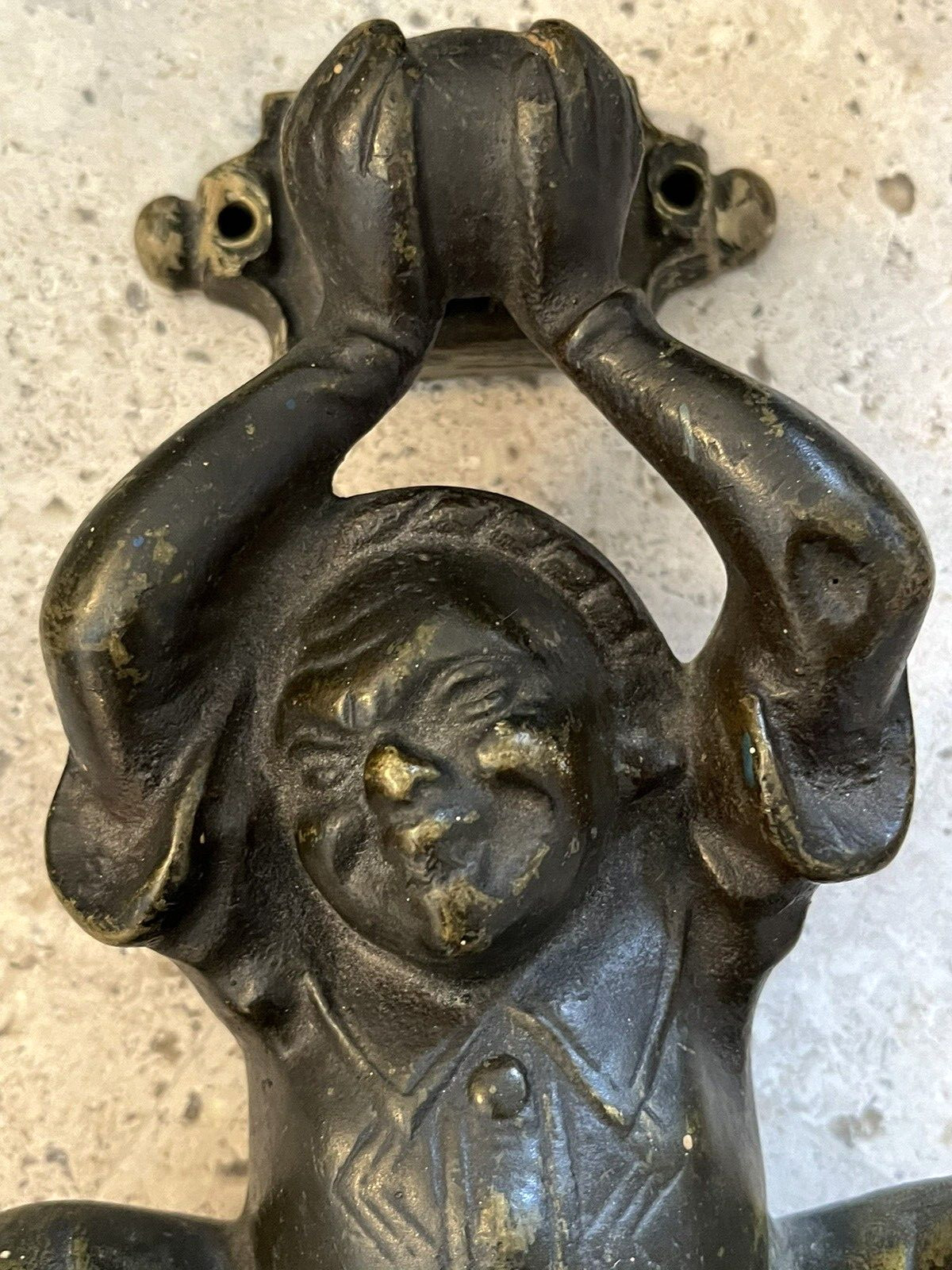 8″ ANTIQUE c.1883 VICTORIAN CHINESE JESTER ARCHITECTURAL SALVAGE DOORKNOCKER