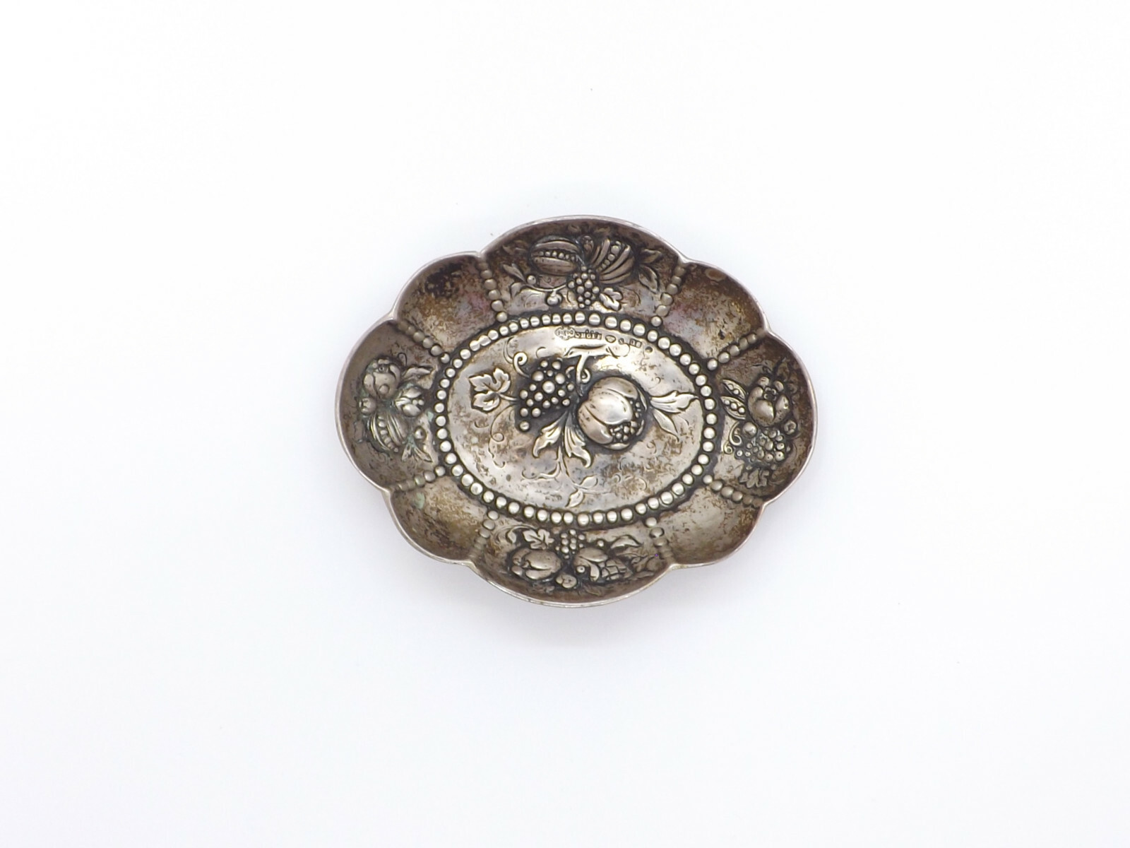 Vintage 800 Silver Repousse Nut Dish Floral & Fruit motif, Carl Hoff Sweden 1942