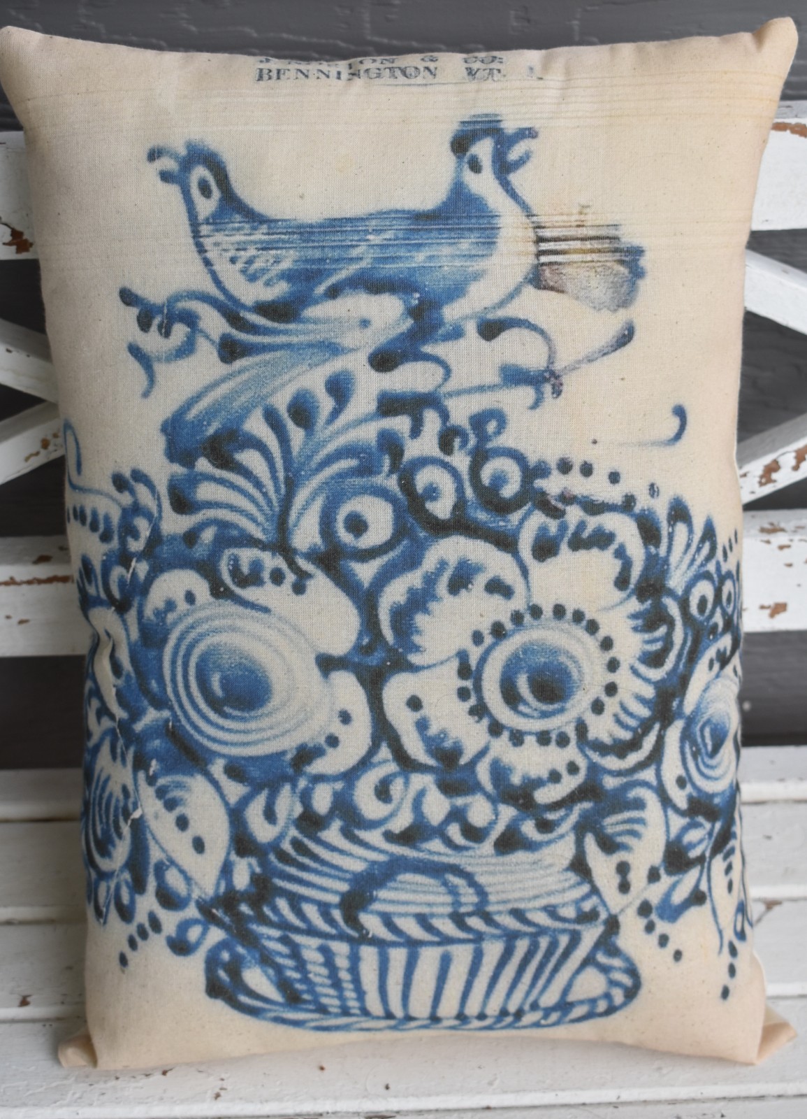 Primitive antique crock stamp bee sting jug indigo blue pillow pottery