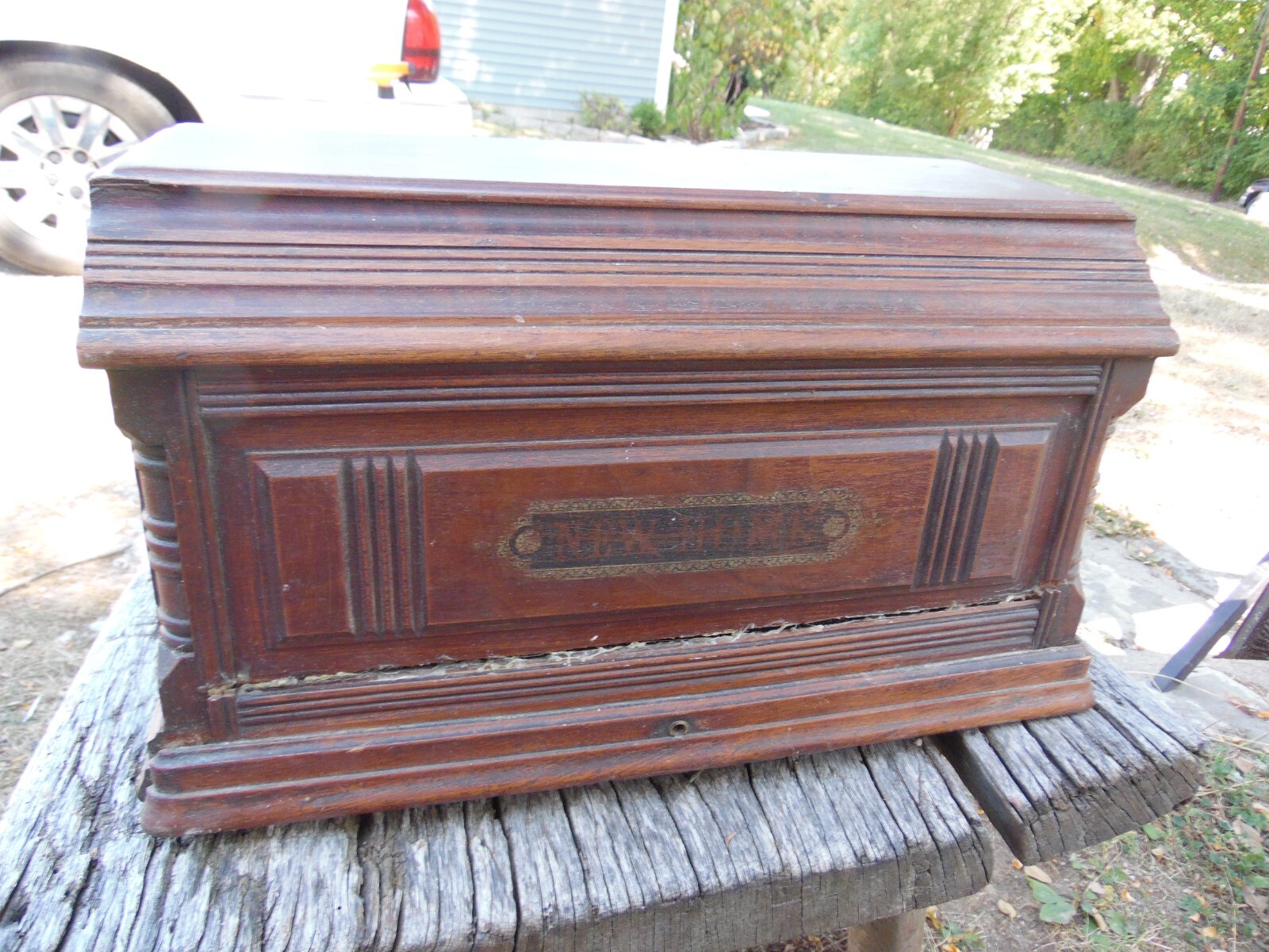 Antique Sewing Machine Wooden Coffin Top Cover New Home 11 3/16″ D, 19 1/2″ W,