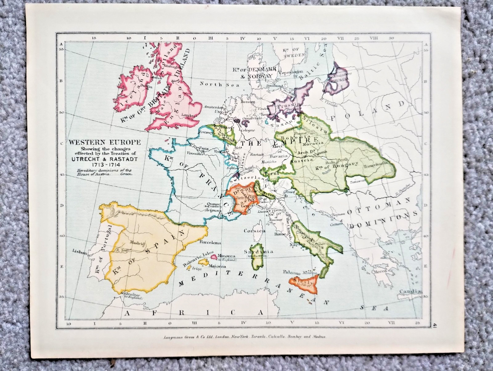 Western Europe in 1712-1714 – Antique 1928 Map