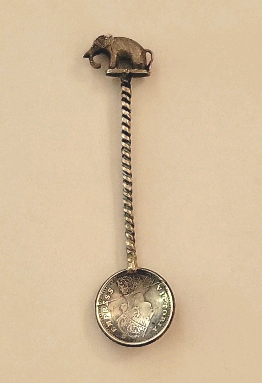 1894 British India Queen Victoria Silver 2 Annas Coin Spoon Elephant 2.25In Long