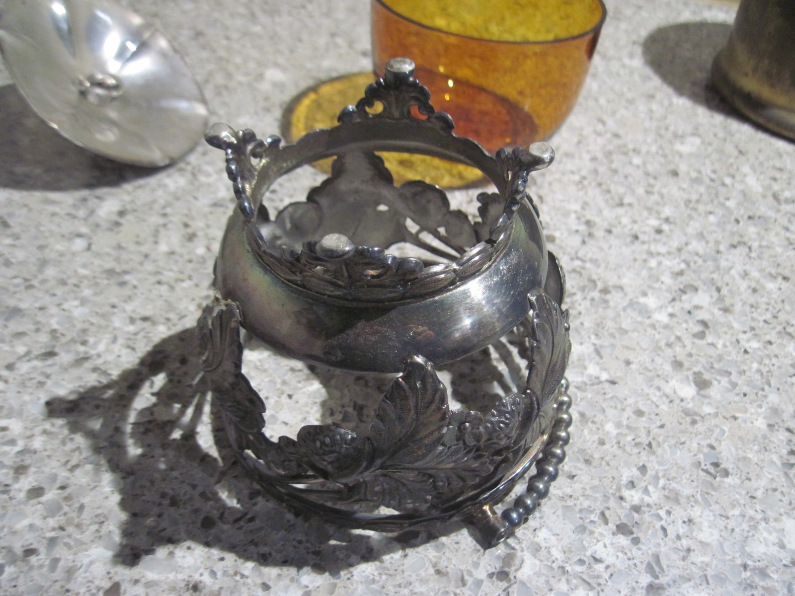 Antique Art Deco Ornate Silverplate Covered Berry Jar with Amber Glass Insert
