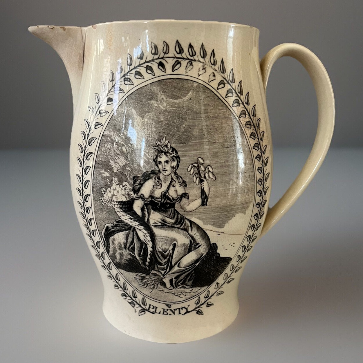 Antique Creamware Jug with Allegorical Figures “Plenty & Faith”, C 1790