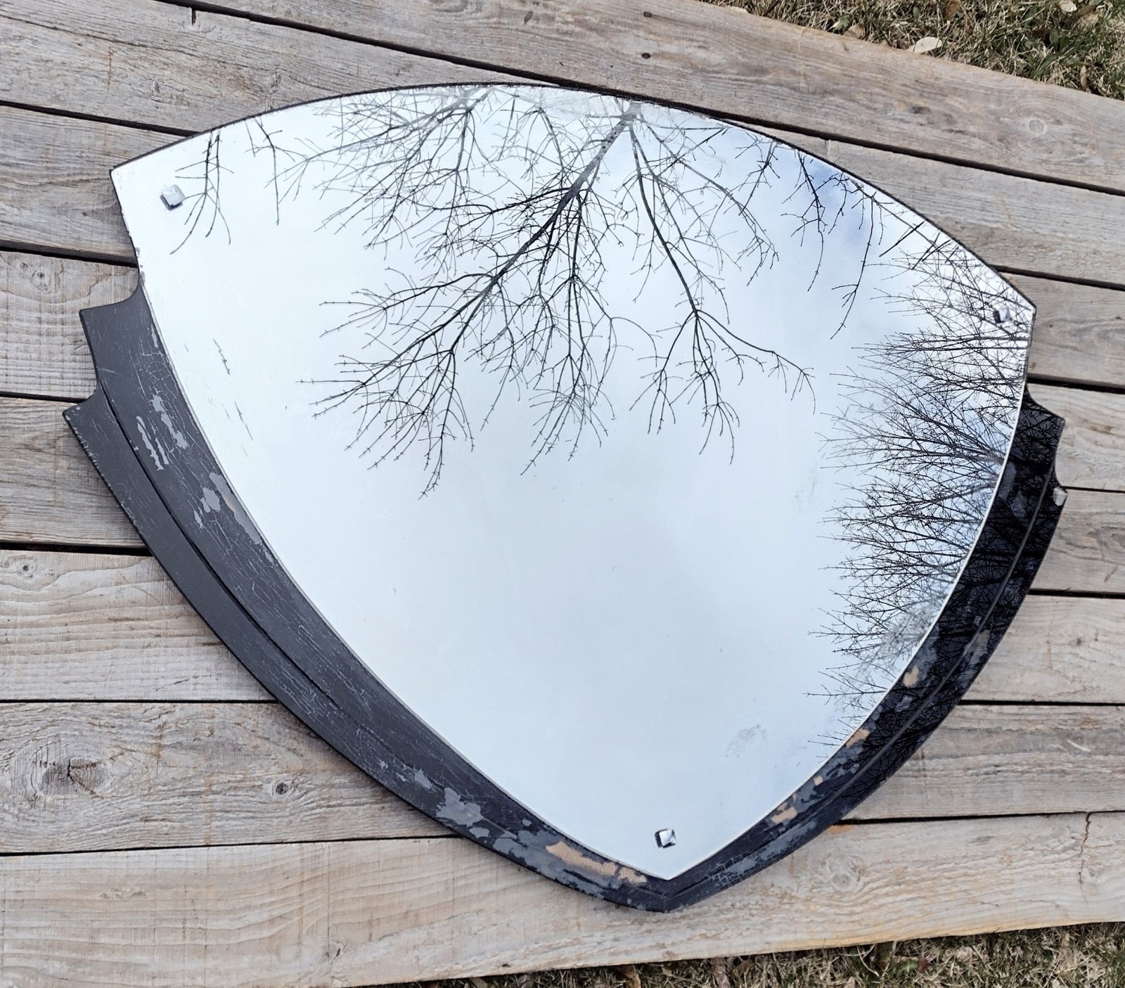 Vtg Art Deco Reverse Painted Black/Silver Chevron Frameless Beveled Wall Mirror