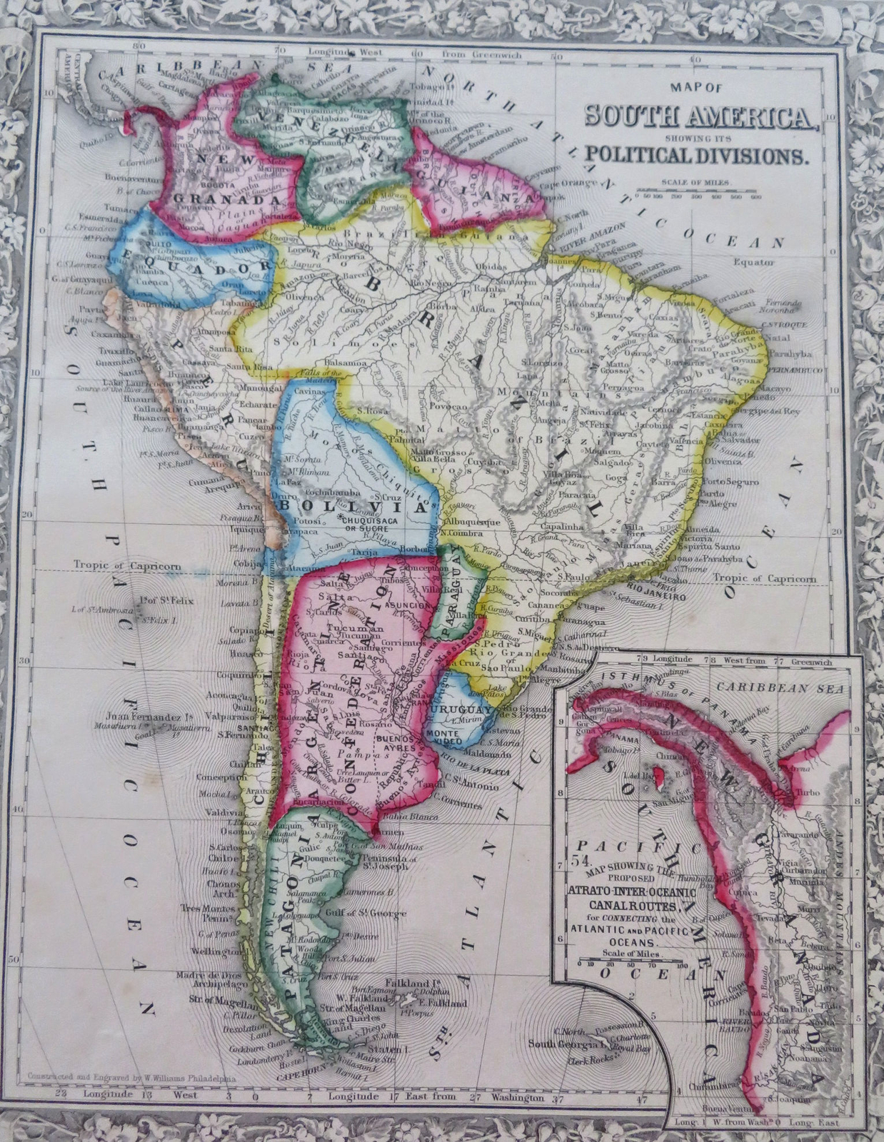 South America Proposed Canal Panama Granada Map 1860 hand colored Map