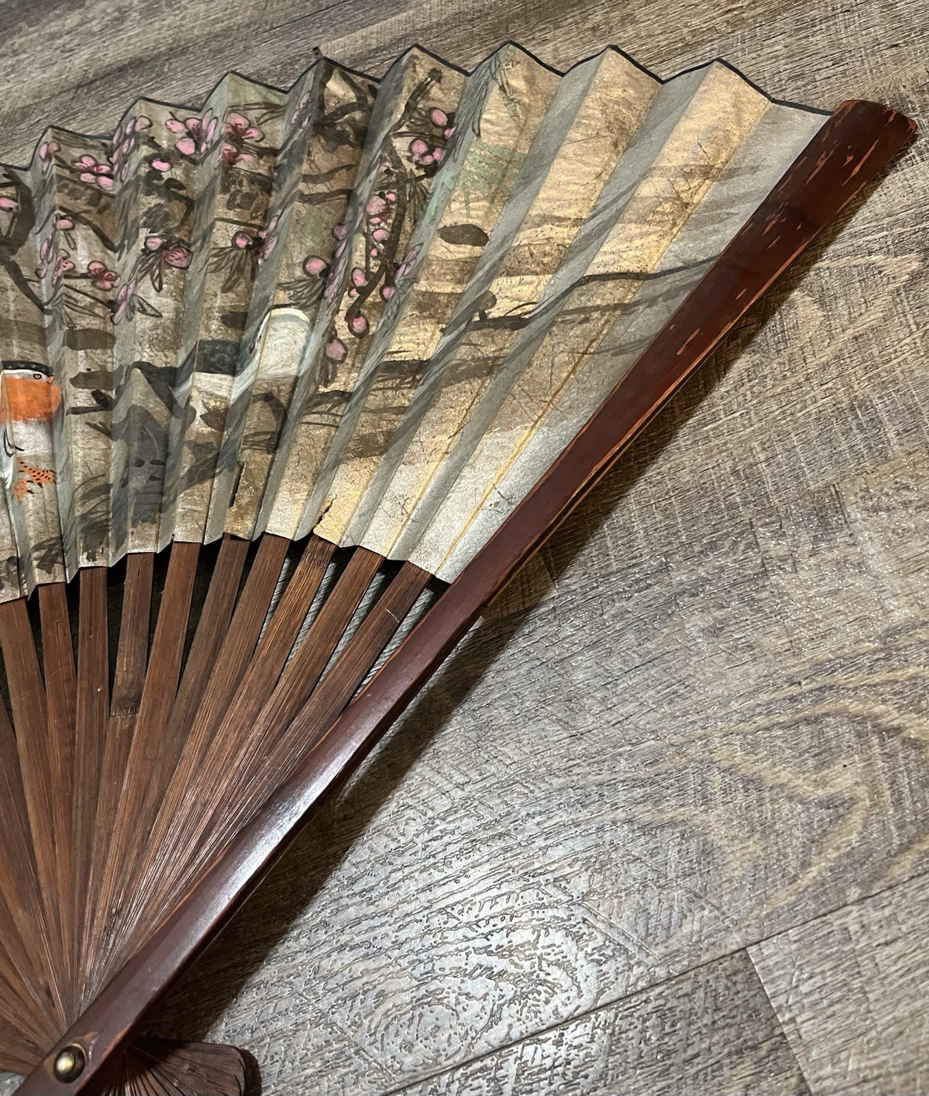 Antique? Vintage? Hand Painted Birds Trees Oriental Folding Fan Beautiful Large!