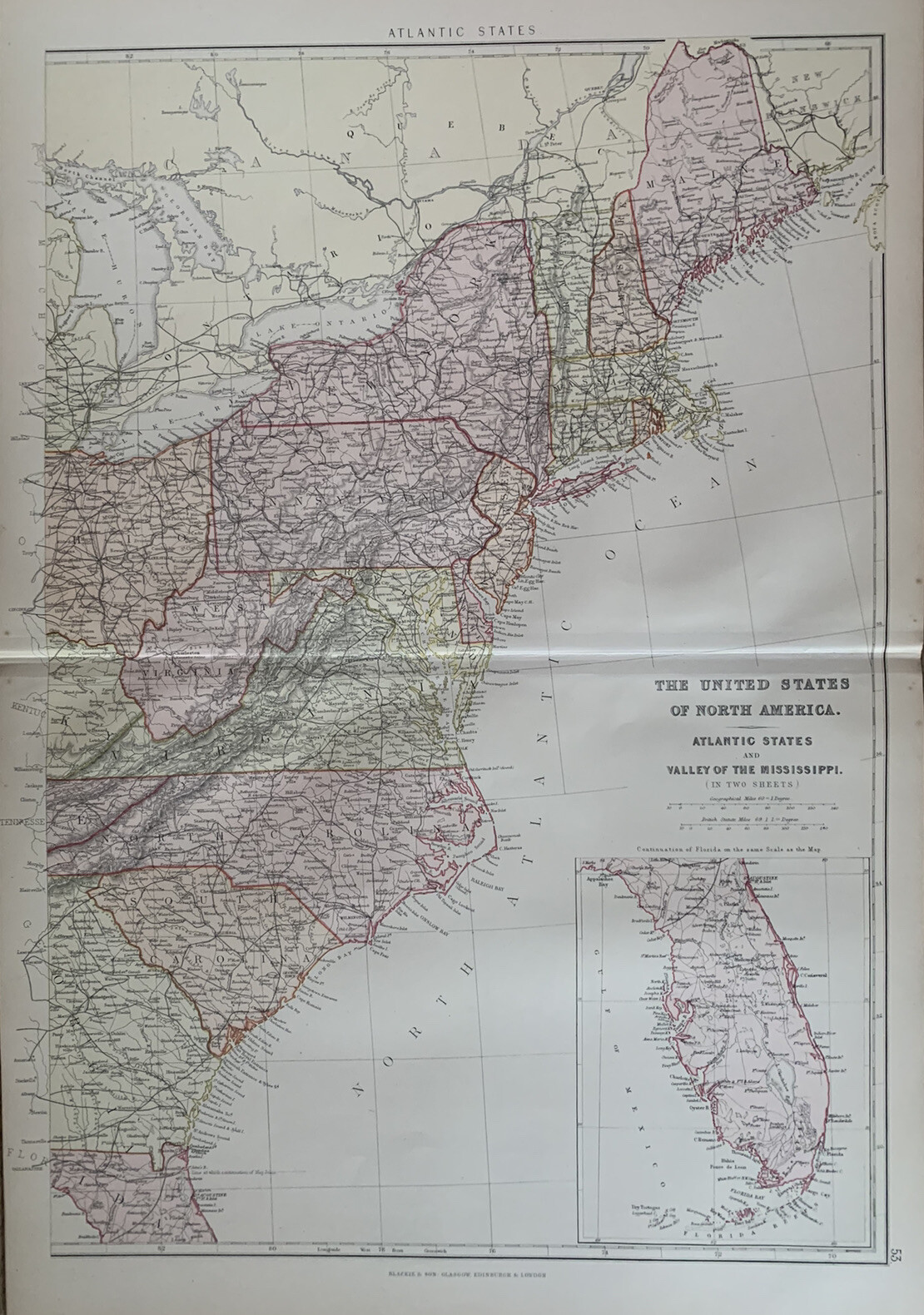 1882 Eastern United States Original Antique Map by Edward Weller