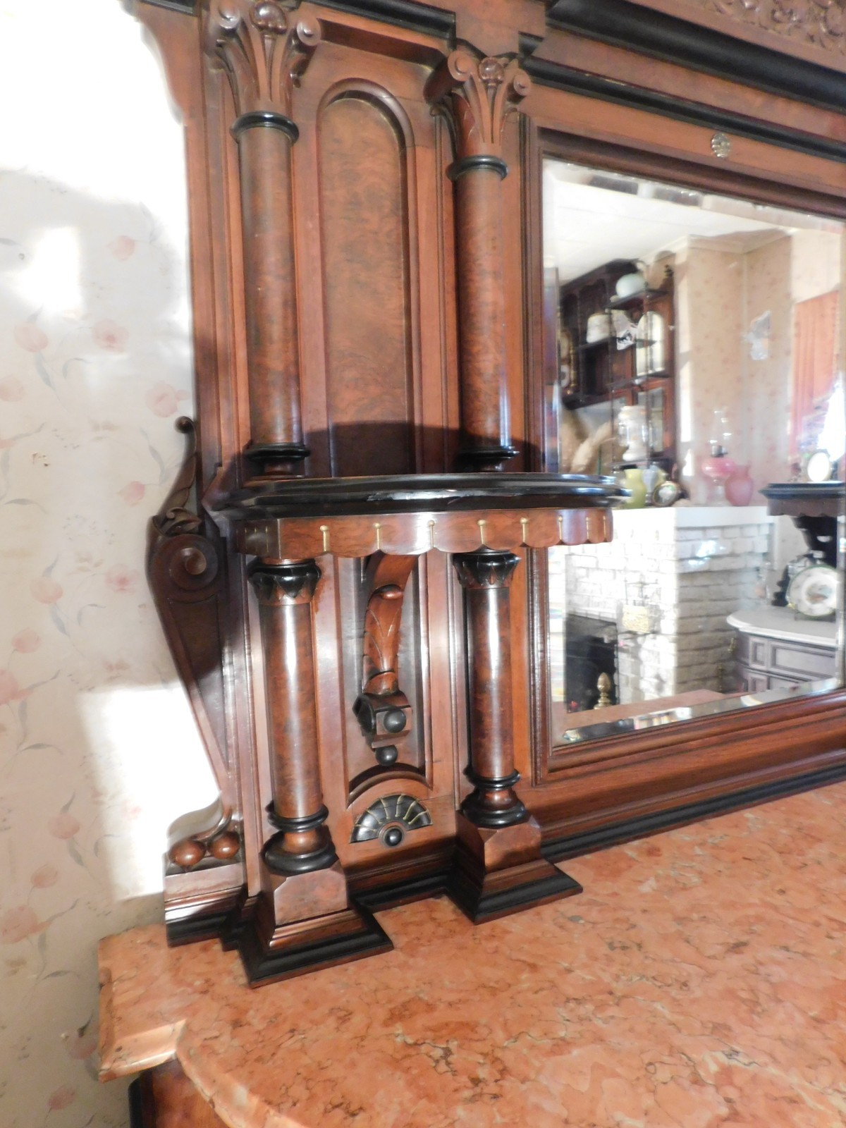 Phenomenal Marble Top Walnut Buffet Sideboard w/Ebony and Gold c1860