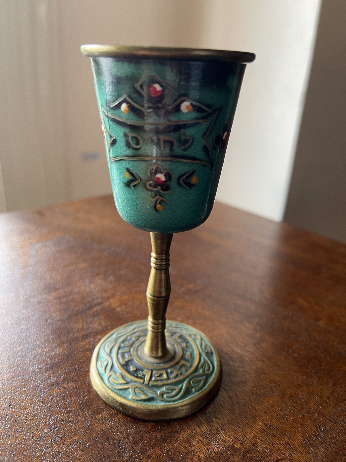 Two Israel Hakuli Hand Painted Goblet Sabra Bright Blue Green 5” Tall