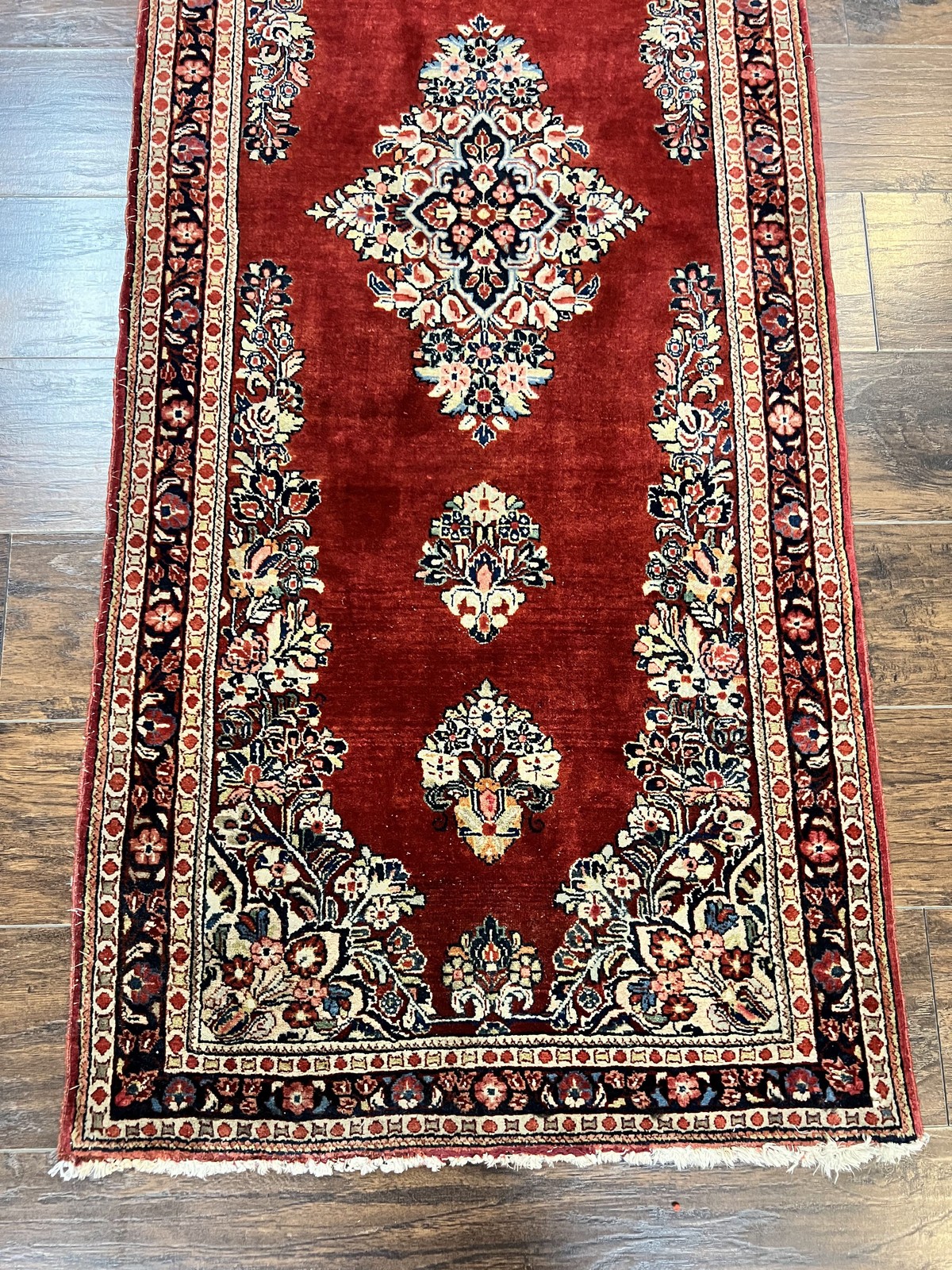 Oriental Short Runner Rug 2.7 x 6 Semi Open Field Red Handmade Wool Carpet