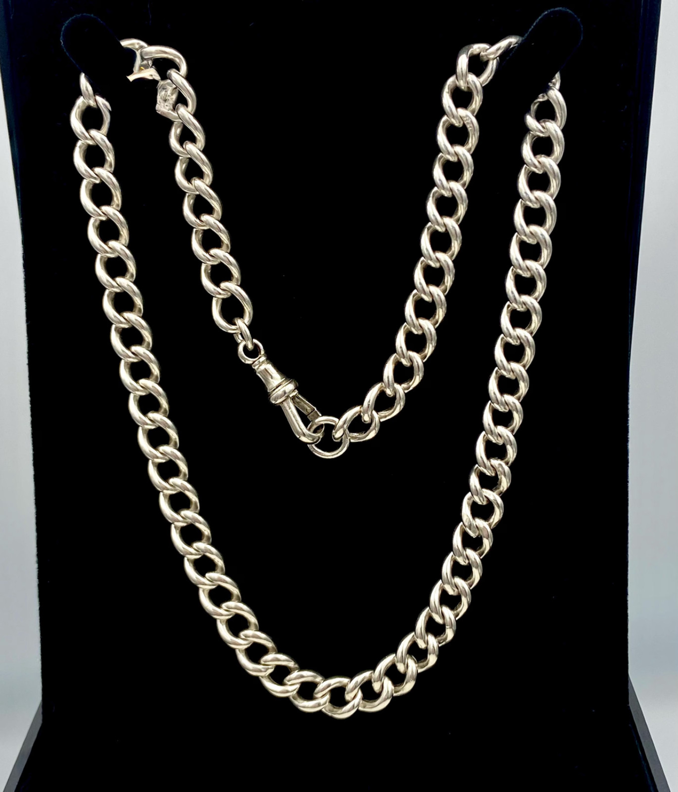 Antique Sterling Silver Watch Chain Necklace – Lion Passant & Dog Clip – 15 Inch