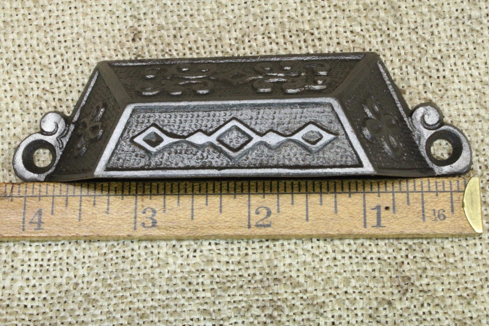 6 Old Bin Drawer Pulls Cup 4 1/2″ Handles Diamond Scroll Vines 1871 Patent Iron
