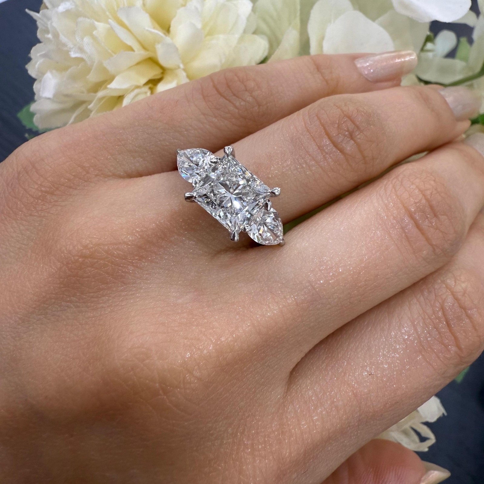 IGI Certified 5.00Ct Lab Grown Princess & Pear Diamond Trilogy Ring In Platinum