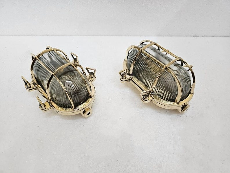 Set of 2 Vintage Brass Oval Bulkhead Lights – Dual-Mount Nautical Fixtures