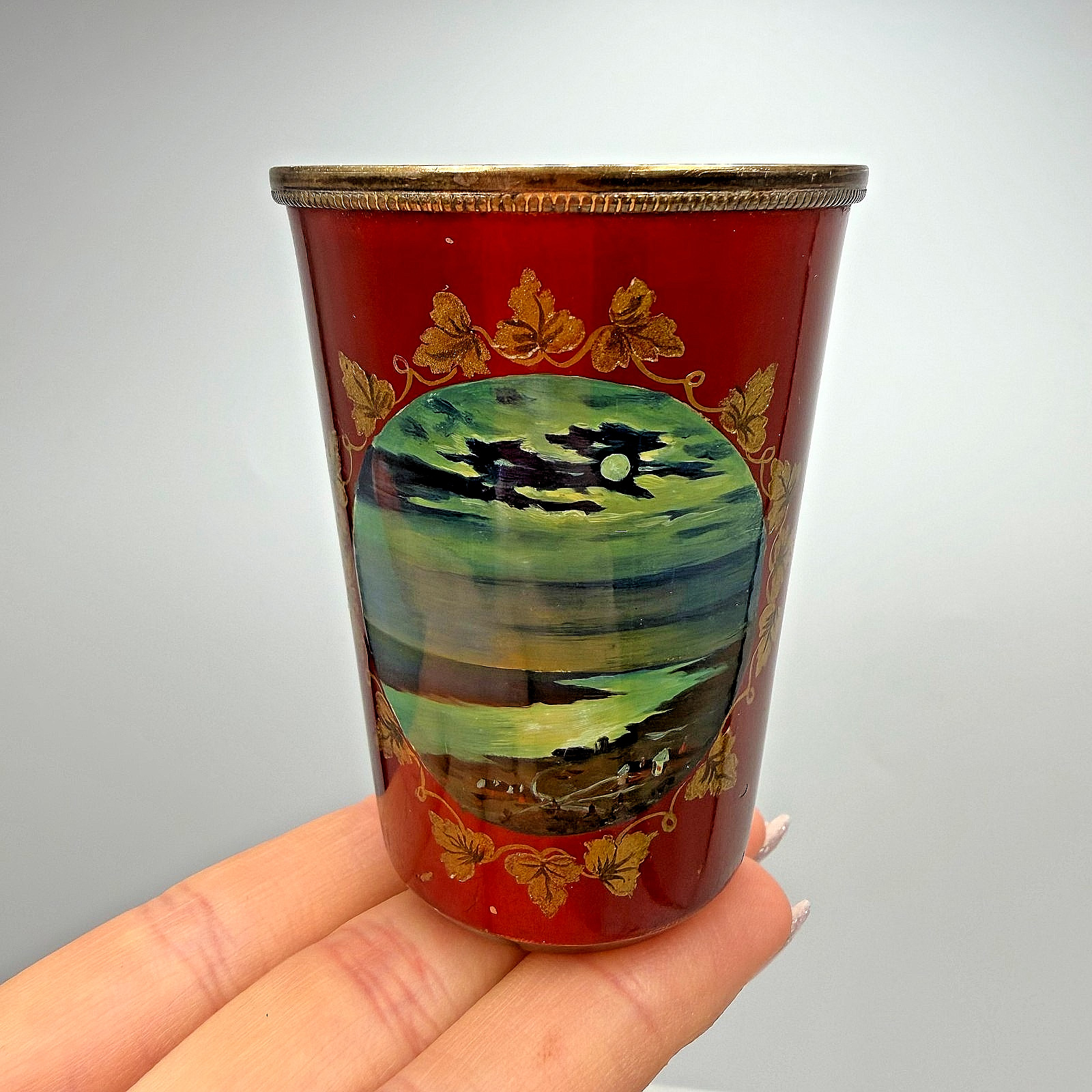 Vintage Soviet 875 Silver Enamel Shot Glass Palekh Style Tallinn Marked 1950s