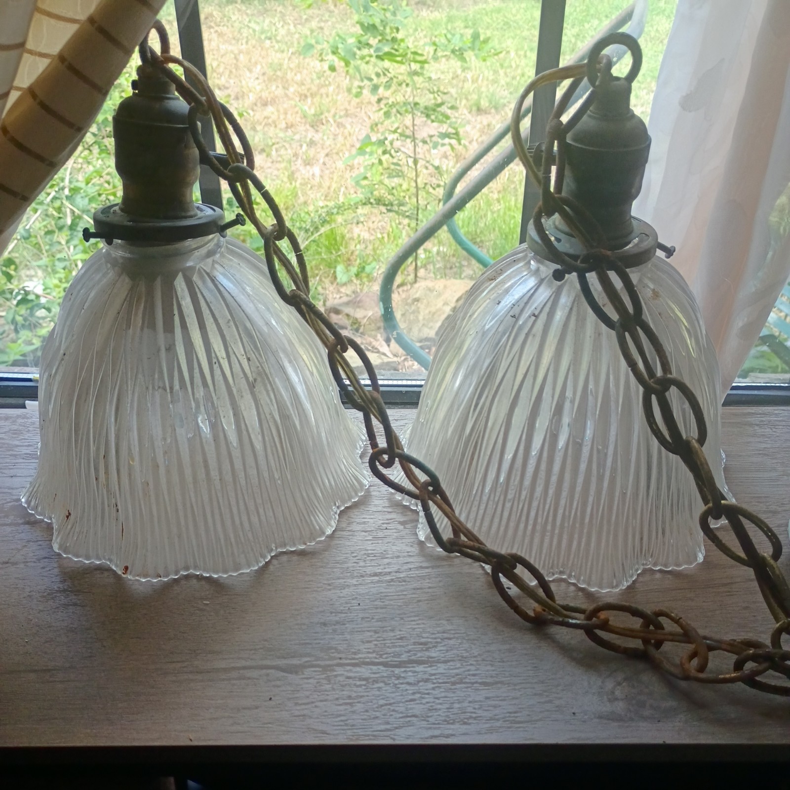 Wired Pair Antique Brass Pendant Lights Fixtures Clear Shades 55B
