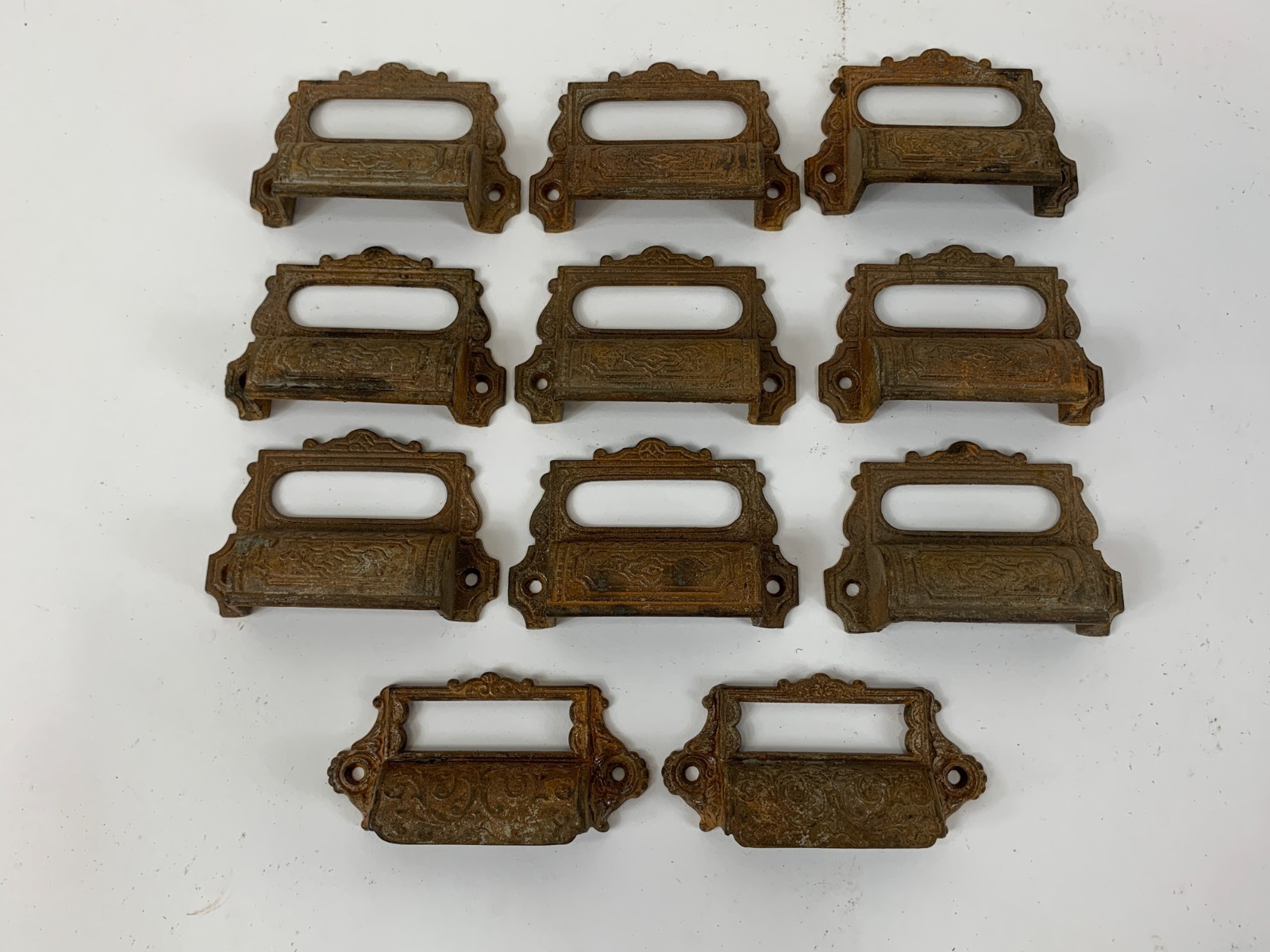11 ANTIQUE VICTORIAN CAST IRON EASTLAKE BIN PULL DRAWER CARD LABEL HOLDERS