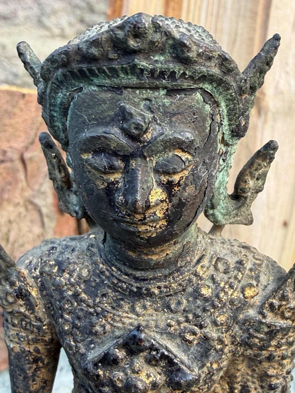 Vintage Thai Bronze Crowned Buddha Statue Ayutthaya Style Gilded Verdigris 16cm
