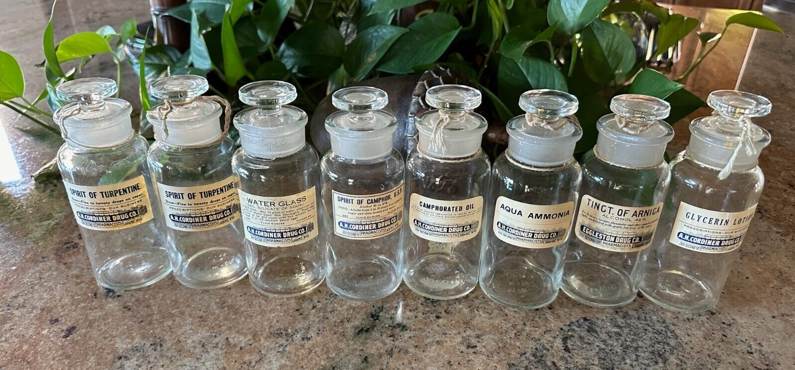 Set of 8 Vintage Glass Lidded Pharmacy Apothecary Bottles-Makers Mark Underside