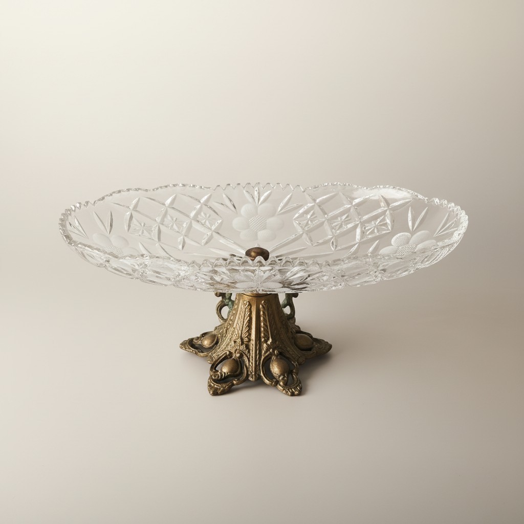 Crystal Brass Centerpiece Bowl Cut Glass Candy Dish Vintage Footed Decor