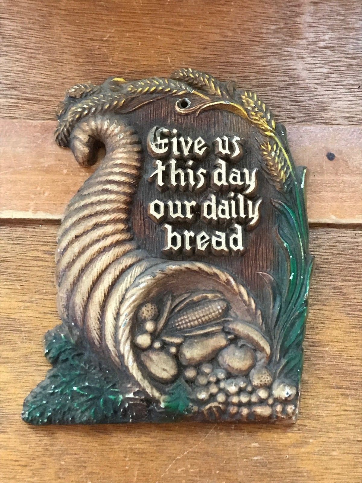 Vintage Small Brown Plastic Cornucopia w Wheat GIVE US THIS DAY OUR DAILY BREAD