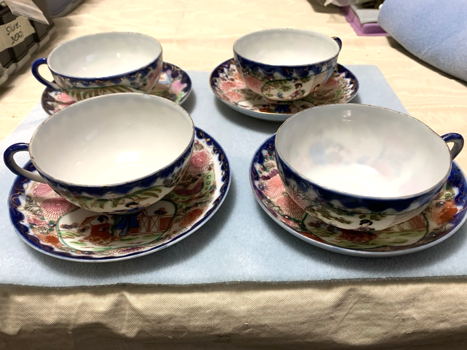 Antique 8 Pc. Japanese Eggshell Teacup Saucer Set Hand Painted Meiji Era Geisha
